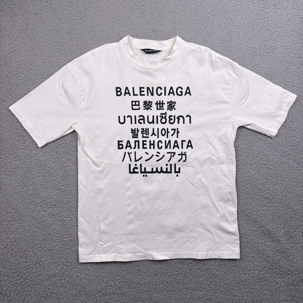 Balenciaga Shirt Mens Extra Small White Multilingual Language Logo Short Sleeve